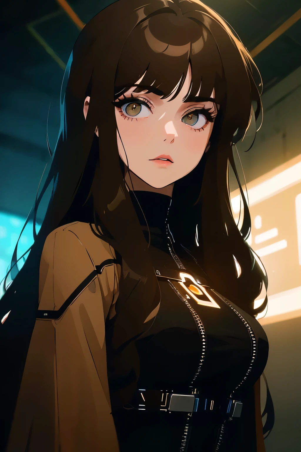 young woman, long brown hair, straight bangs, expressive brown eyes, intricate eyelashes, soft smile, cyberpunk clothes, neon lights, futuristic attire, high-tech accessories, dim lighting, subtle shading, dramatic atmosphere