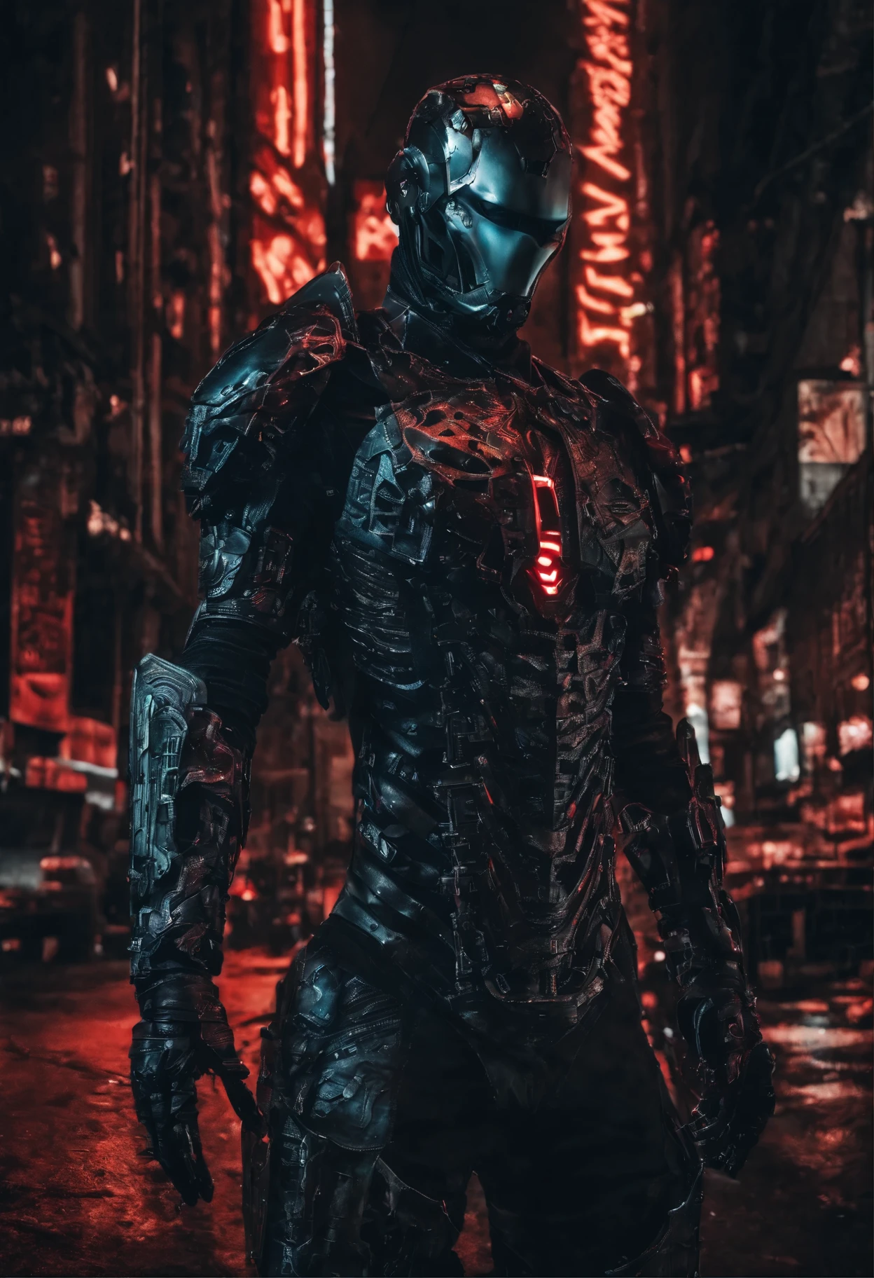 (extremely detailed 8k wallpaper), a medium shot photo of cyberpunk scary Grim dressed as a cybernetic ironman in an armour made of black leather from marvel, cyberpunk theme, intricate, high detail, dramatic, neon city lights in the background