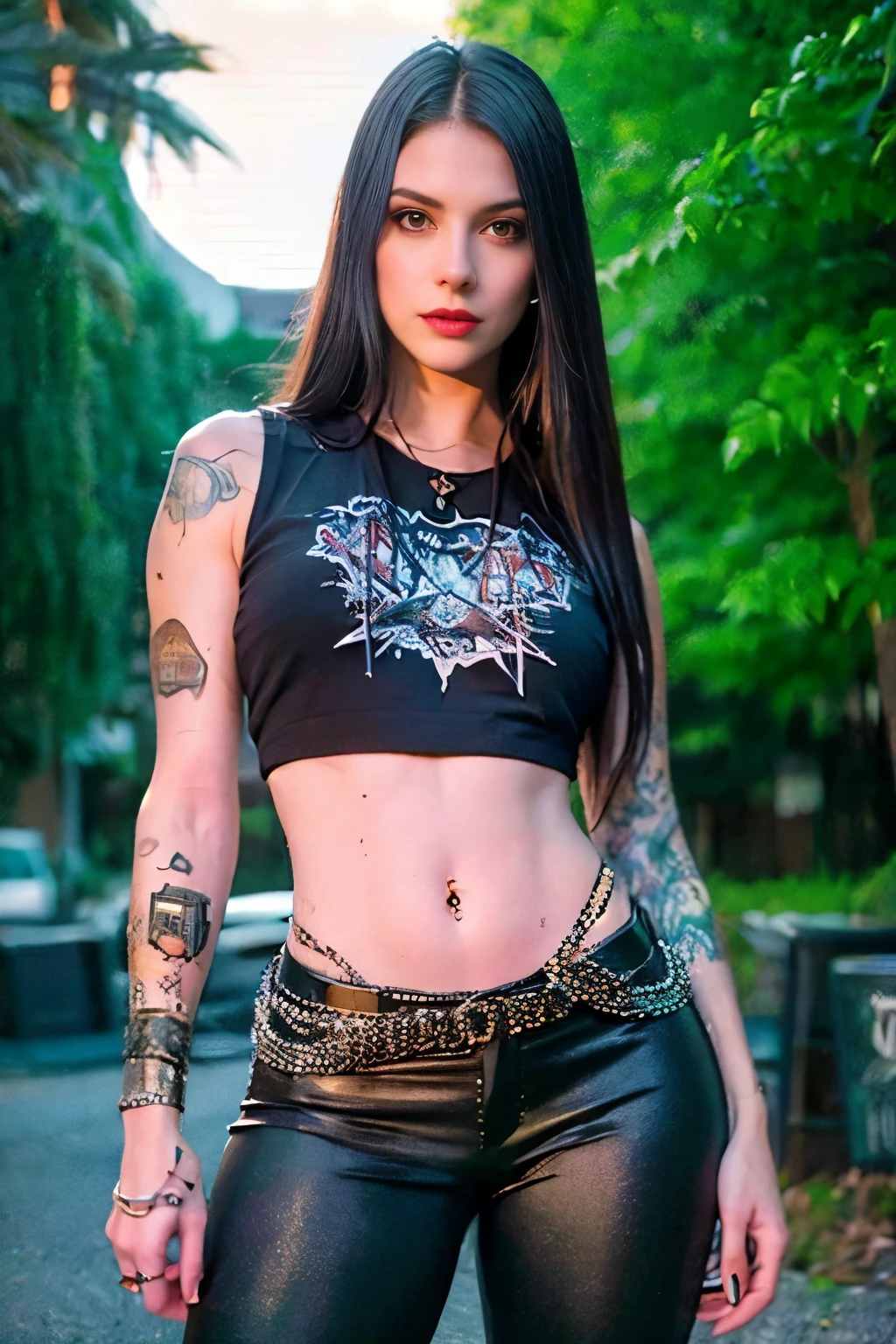 Best Quality,Masterpiece,Ultra High Resolution,(Realisticity:1.4),Original Photo,Cinematic Lighting, 1girl, solo, Metalhead Style girl at night under the moonlight, Hot Body, ABS, tattooed, wearing ripped black pants, black clothes, fit body, heavy metal style, heavy metal art style, heavy metal concert background. realistic, datailed, detailed face, 4K.