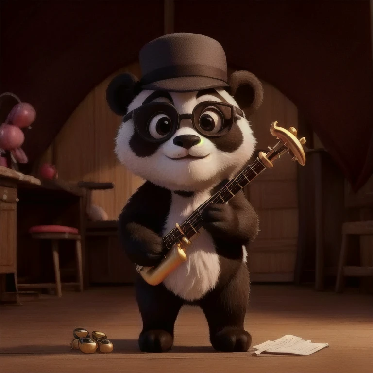 panda qui joue du saxophone avec des lunettes montures étoiles verres noires et une petit chapeau rouge de jazzmen dans une forêt