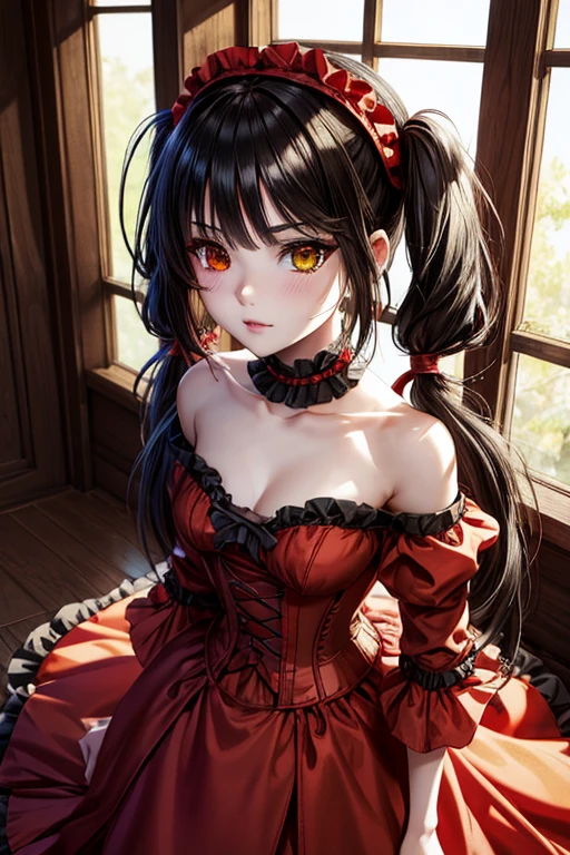 Masterpiece, best quality, best illustration, HDR, beautiful details, intricate details, detailed scenery, dramatic light, best shadow. 1 girl, kurumi tokisaki astral dress, (tokisaki kurumi:1.2), long hair, black hair, (red eyes:1.3), (twintails:1.5), (yellow eyes:1.3), headband, (heterochromia:1.5), dress , (red dress:1.5), bare shoulders, collarbone, choker, bow, red bow, separate sleeves, corset, ruffles,