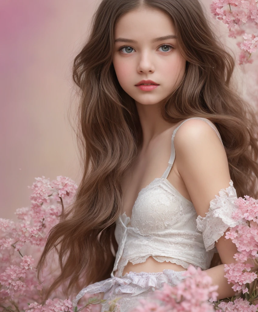 (Cinematic Photo:1.3) of (Realistic:1.3),(Cosy:1.3) beautiful 12 year old girl, (intricate cute brown hair), highly detailed skin textures, lifelike skin texture, looking intimately directly at camera, (looking at viewer), pouting lips, Pastel, glitter, dramatic, dreamy, pastel flower garden, elegant, Whimsical, Delicate, Highly detailed, Intricate, UHD digital photo, Fantasy theme, white underwear, Fantasy concept art, glamour girl, beautiful young girl, perfect body, highly detailed full body shot, dreamy, pastel, Watercolor, Whimsical, Delicate, detailed hair ribbon, Highly detailed texture, life like texture, digital painting,Highly Detailed photograph,(Art Deco:1.3),(Photorealism:1.3),(Classical Realism:1.3),(Fujifilm Superia:1.3),naturalism, golden hour light