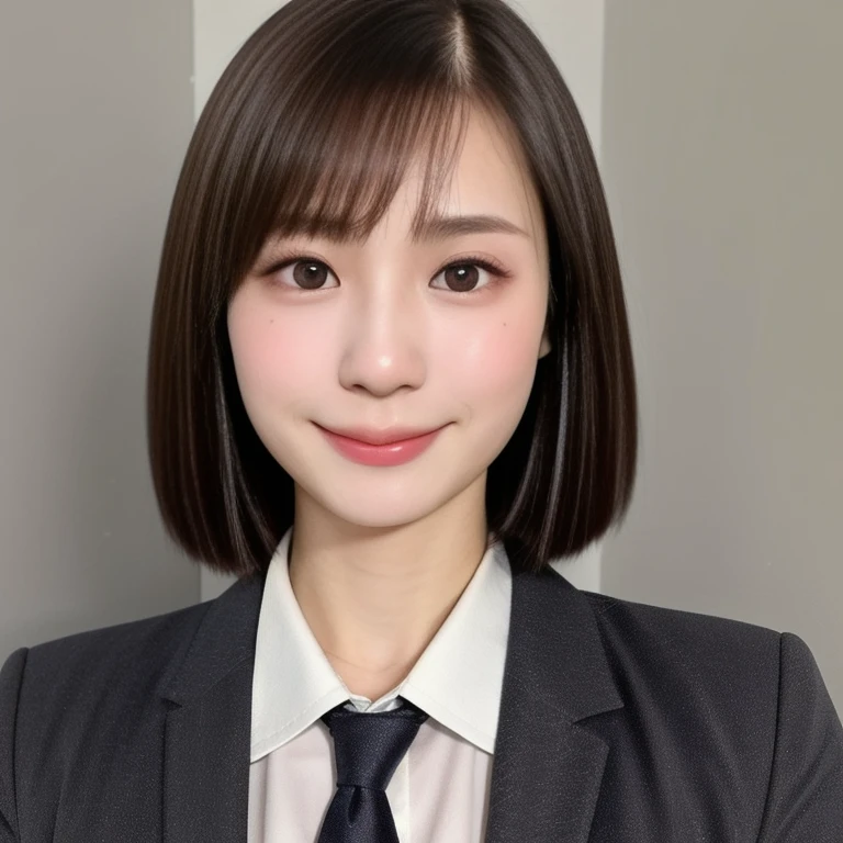 (kawaii 24 year-old Japanese girl, Nogizaka idol, Korean idol), glossy brown hair, (very short hair:1.2), beautiful black eyes, rounded face, narrow shoulders, single eyelid, (no makeup:1.2), grin, (suit jacket, collared shirt, necktie), extra small breasts, BREAK, (simple white background:1.2), (view from forward, bust shot, upper body shot, id photo:1.2), BREAK, (masterpiece, best quality, photo realistic, official art:1.4), (UHD, 8K quality wallpaper, high resolution, raw photo, golden ratio:1.3), (shiny skin), professional lighting, physically based rendering, award winning, (highly detailed skin texture, extremely detailed face and eyes textures), Carl Zeiss 85 mm F/1.4, depth of field, (1girl, solo),