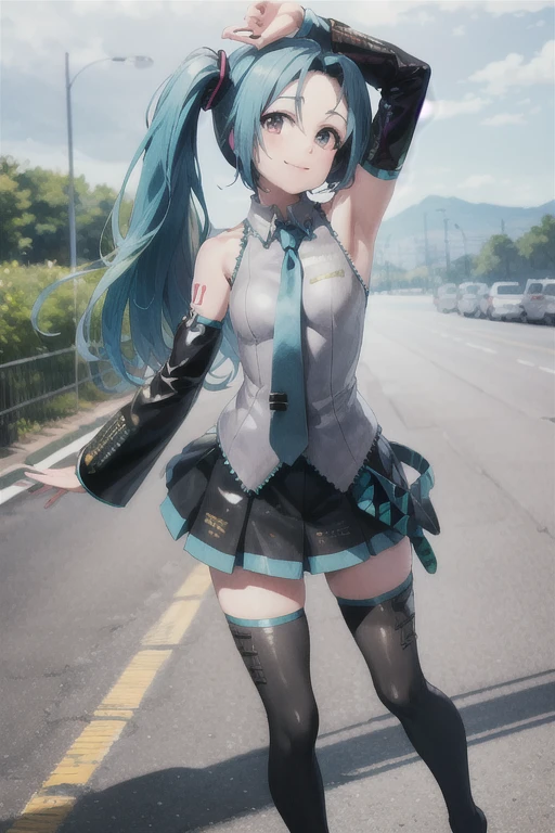 (masterpiece, best quality:1.2), solo, 1girl, miura azusa, smile, looking at viewer, miku outfit, sleeveless shirt, grey shirt, detached sleeves, necktie, arm tattoo, skirt, thighhighs, thigh boots