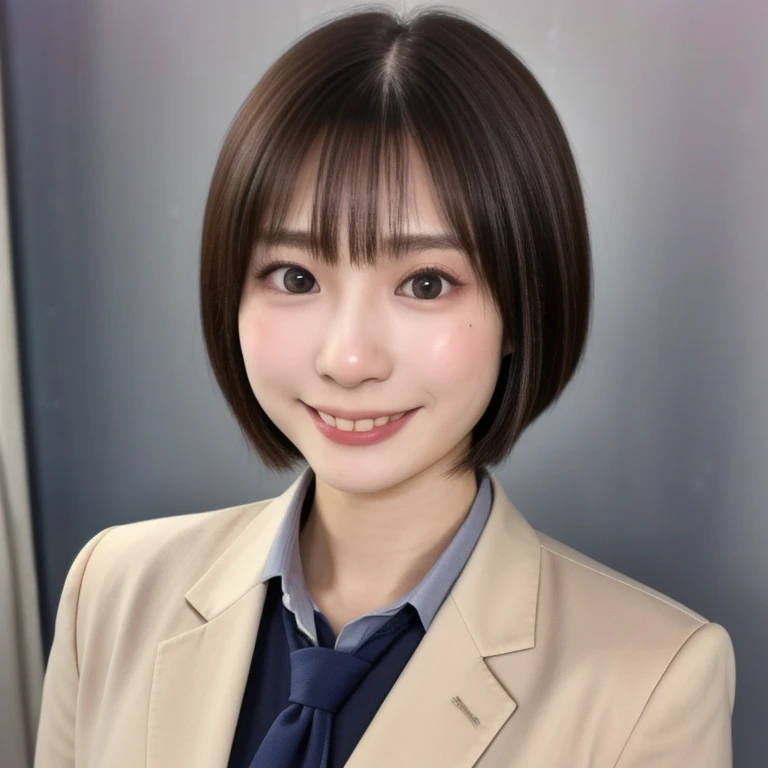 (kawaii 24 year-old Japanese girl, Nogizaka idol, Korean idol), glossy brown hair, (very short hair:1.2), beautiful black eyes, rounded face, narrow shoulders, single eyelid, (no makeup:1.2), grin, (suit jacket, collared shirt, necktie), extra small breasts, BREAK, (simple white background:1.2), (view from forward, bust shot, upper body shot, id photo:1.2), BREAK, (masterpiece, best quality, photo realistic, official art:1.4), (UHD, 8K quality wallpaper, high resolution, raw photo, golden ratio:1.3), (shiny skin), professional lighting, physically based rendering, award winning, (highly detailed skin texture, extremely detailed face and eyes textures), Carl Zeiss 85 mm F/1.4, depth of field, (1girl, solo),