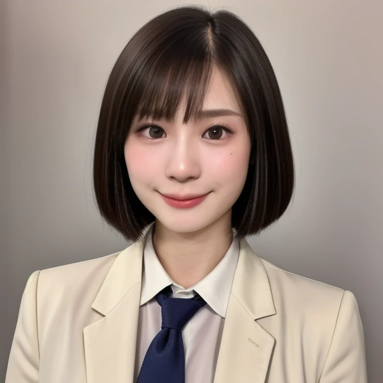 (kawaii 24 year-old Japanese girl, Nogizaka idol, Korean idol), glossy brown hair, (very short hair:1.2), beautiful black eyes, rounded face, narrow shoulders, single eyelid, (no makeup:1.2), grin, (suit jacket, collared shirt, necktie), extra small breasts, BREAK, (simple white background:1.2), (view from forward, bust shot, upper body shot, id photo:1.2), BREAK, (masterpiece, best quality, photo realistic, official art:1.4), (UHD, 8K quality wallpaper, high resolution, raw photo, golden ratio:1.3), (shiny skin), professional lighting, physically based rendering, award winning, (highly detailed skin texture, extremely detailed face and eyes textures), Carl Zeiss 85 mm F/1.4, depth of field, (1girl, solo),