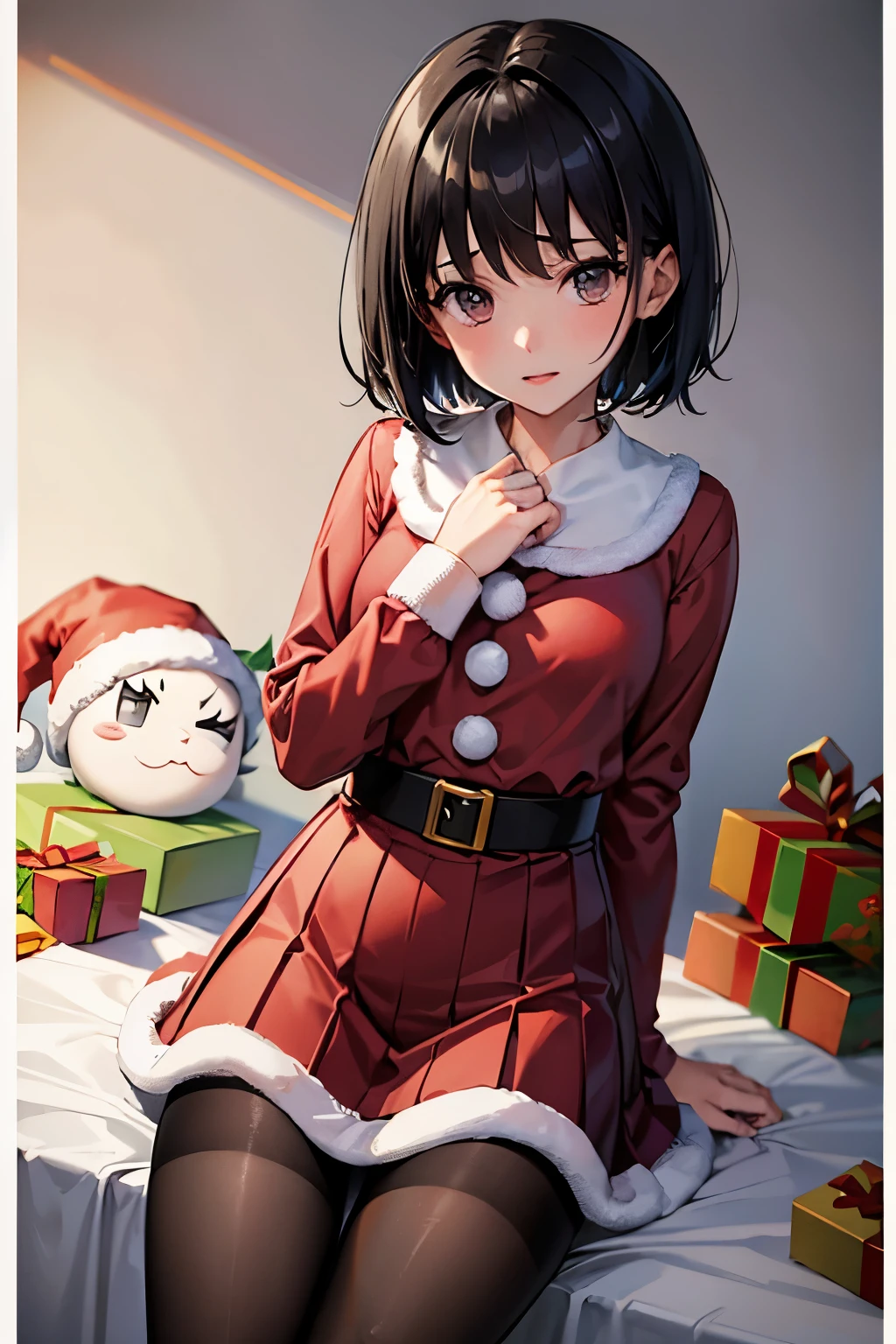 Erica、Pokémon、Black Hair、Short Hair、((pantyhose))、Photo from below、Medium chest、Bedroom、One girl、Red ribbon on head、((Santa Claus clothes))、Pleated skirt