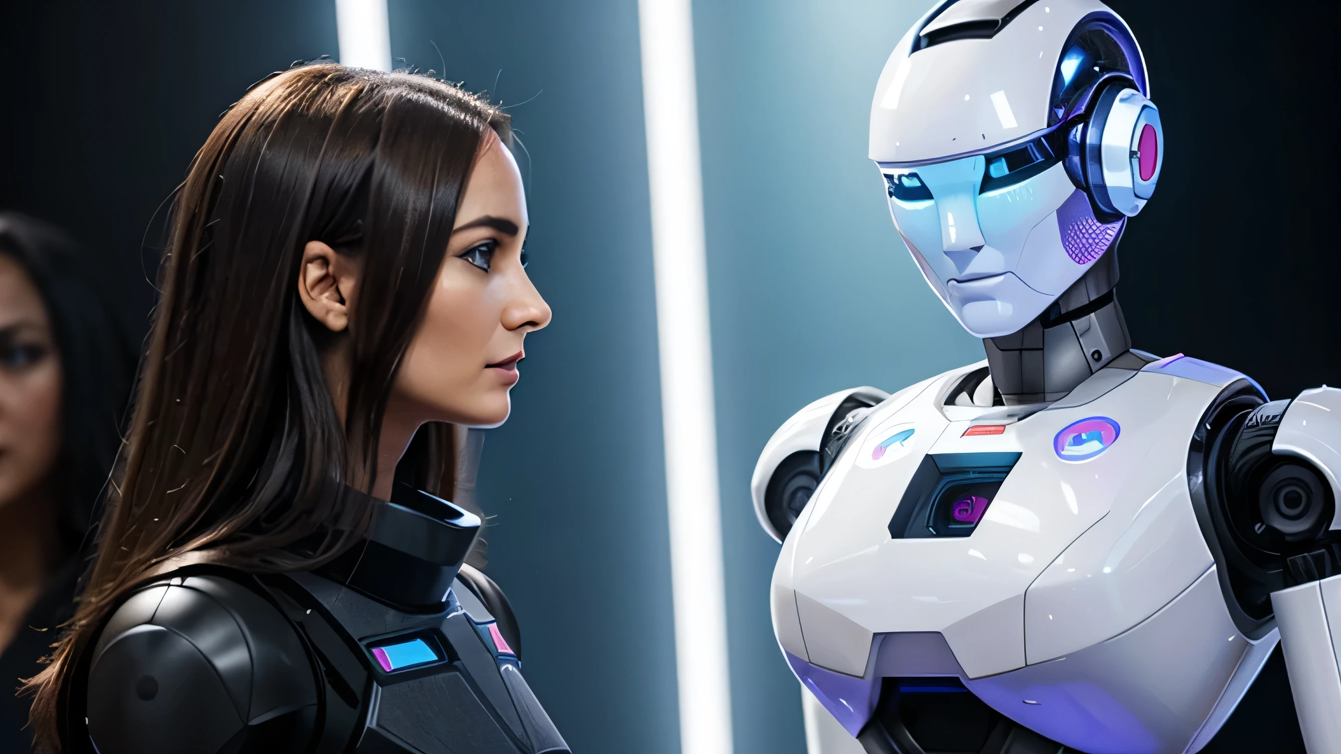 An android robot next to a 31-year-old woman. ((one of them has a total robotic appearance)), the other a human appearance. de frente cara a cara en la misma escena