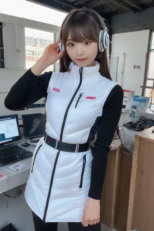 masterpiece, highest quality, Very detailed, 8K Portrait,japanese android girl,Plump , Control panel,Robotic arms and legs, Blunt bangs,,BREAK (metallic gray, metallic luster, mirror finish, astrovest):5,headphone:5,BREAK (black sleeves):100,smartwatch,futuristic space station,control room,BREAK headphone,blue eyes,(black hair):2,(long hair):1.3,look at viewer,(Respirator),BREAK blush:3,hidden hands,smile