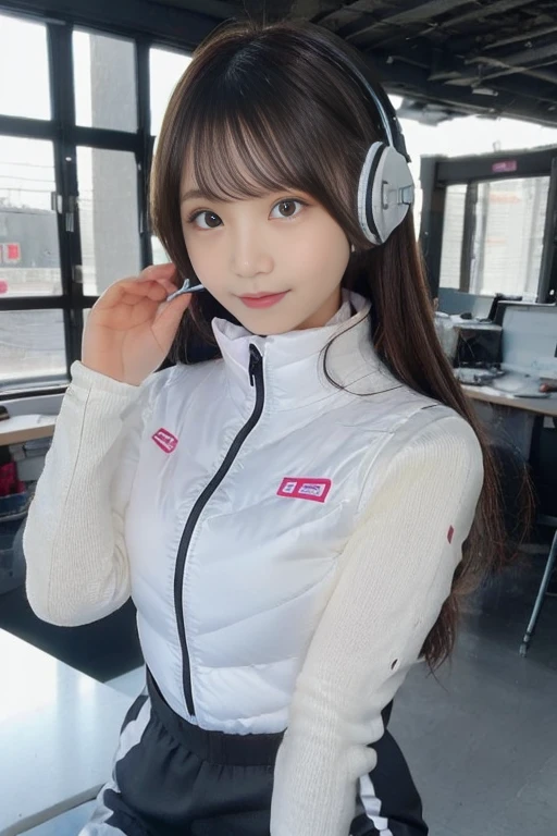 masterpiece, highest quality, Very detailed, 8K Portrait,japanese android girl,Plump , Control panel,Robotic arms and legs, Blunt bangs,,BREAK (metallic gray, metallic luster, mirror finish, astrovest):5,headphone:5,BREAK (black sleeves):100,smartwatch,futuristic space station,control room,BREAK headphone,blue eyes,(black hair):2,(long hair):1.3,look at viewer,(Respirator),BREAK blush:3,hidden hands,smile