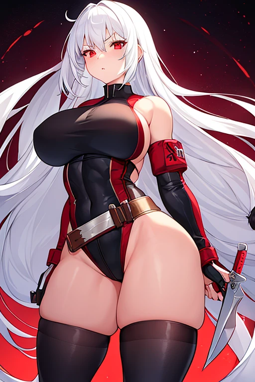 1girl, white hair, long hair, red eyes, serious, glowing eyes, large breasts, thick thighs, mature female, athletic  female, toned, leotard, black leotard, thighhighs, belt, knife