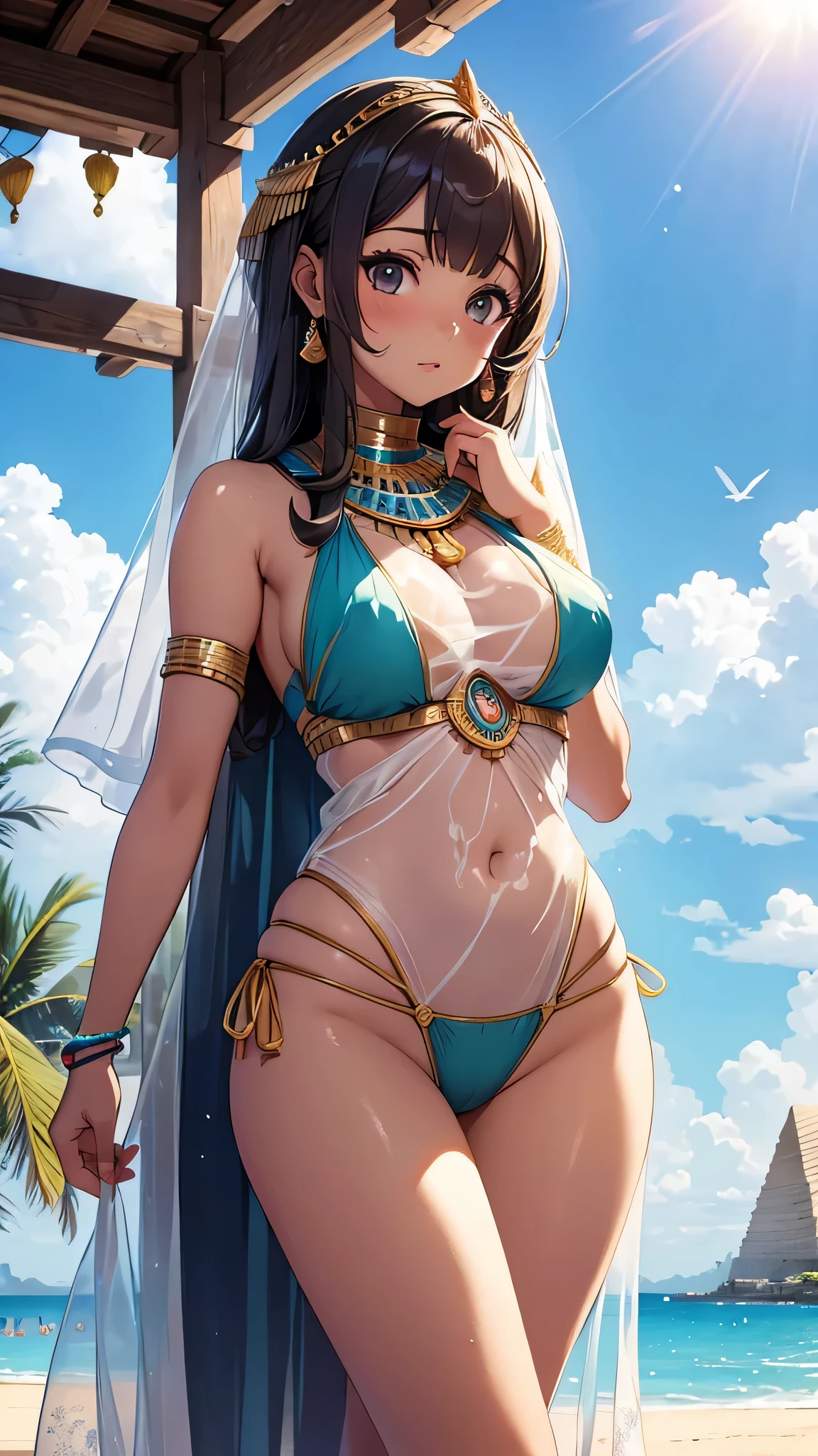 MahabharataPunkAI, ((see-through, clearswimsuit)), tan skin, beautiful, Egypt style, egypt girl, cute, 1 gir,