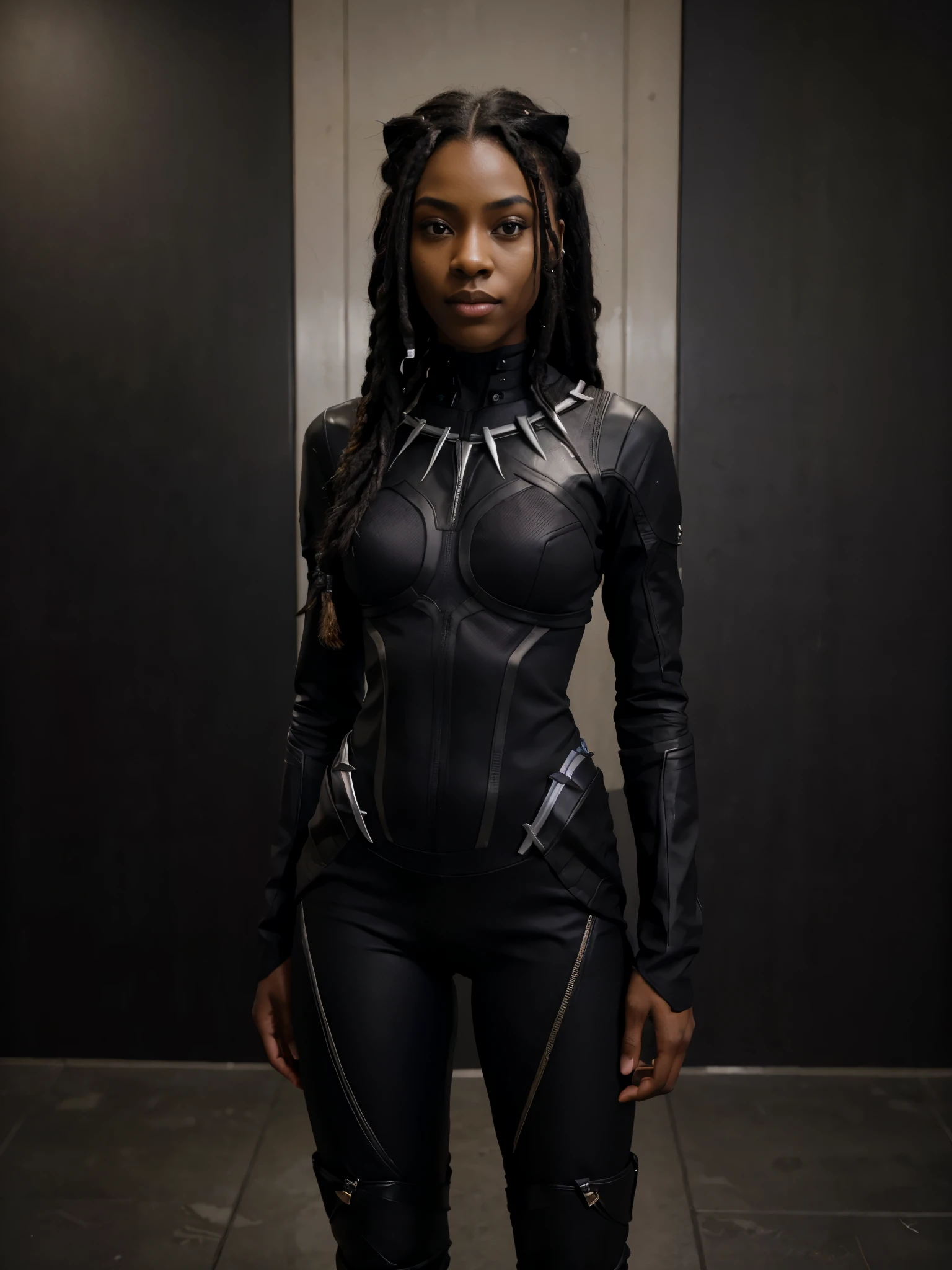 8k, RAW photo, best quality, ultra high resolution, (photorealistic), realistic photo of skinny ebony girl black panther, (black panther ebony girl), marvel, avengers, (skinny ebony girl, 20 years old, most beautiful, ebony girl in the world, slim face, dark skin, black hair, dreadlocks hair, dreadlocks), in the military base, modern interior, bright light, (full body picture), standing posing for picture, sexy pose, wearing black panther suite, ((looking at viewer)), (smirking), (extremely detailed CG unity 8k wallpaper), Sharp focus, (bright light)
