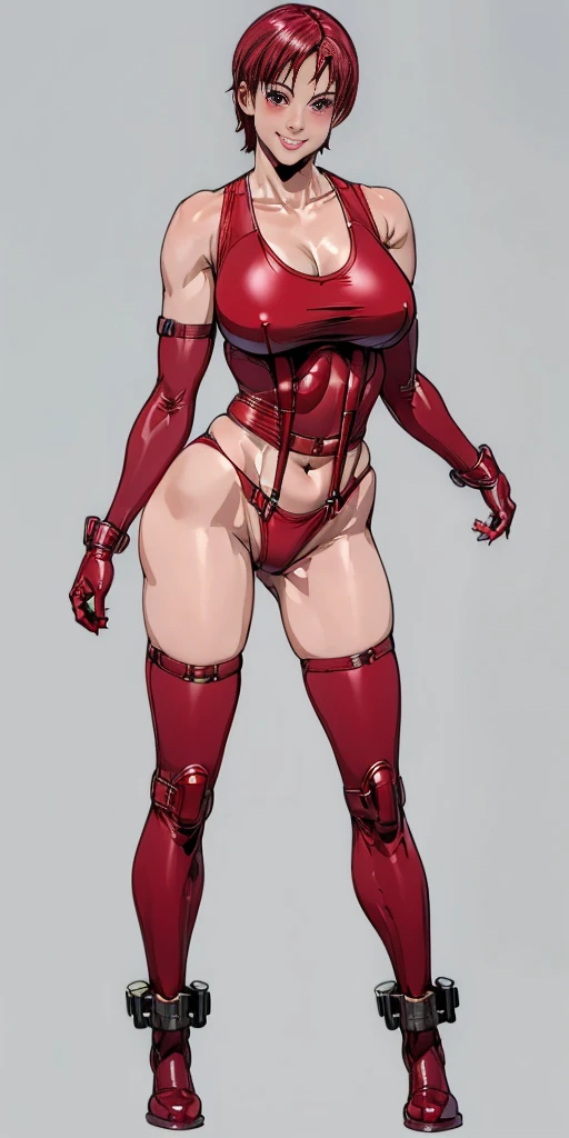 (plain background, 8k, best quality, masterpiece, realistic, photo-realistic:1.37) (full body height standing straight symmetrical contrapposto) (looking at viewer) 2legs 2arms (wide stance) ultra detailed, 1solo cute girl (beautiful detailed eyes) (smile:1.2) (closed mouth) view from below short bob hair, perfect knockers, suspenders, toned body, athletic, wide hips, thin waist, toned arms, exposed abdomen, abs toned, navel, big belly button belt ((red cheeks, red eyes, red tank top, red thong, red gloves gauntlets, red stockings thighs)) (Kei Kishimoto)