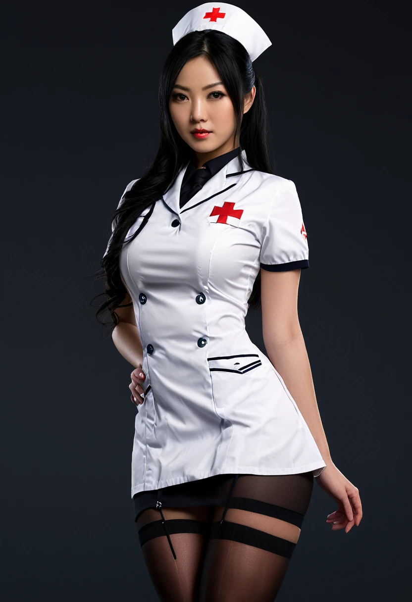 Photorealistic, high resolution, A Japanese Nurse named Jade, Solo, Hips up, view the viewer, (Detailed face), Black hair, Long hair, Nurse outfit, Stockings