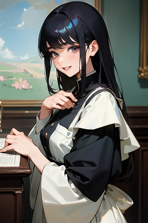 (Highest Resolution, clear_image) highest quality, Single person, One woman, alone, masterpiece, Very detailed, Semi-realistic, Black Hairのショートヘア, Black Hair, bangs, 18-year-old, mature, light blue uniform, uniform, Indoor Background, kind, Authoritative, Powerful, exquisite features, exquisite features、Eyelashes become longer、Showing teeth、smile😀、Maid clothes、woman'Fingers in the、rooftop、Fluttering Hair、