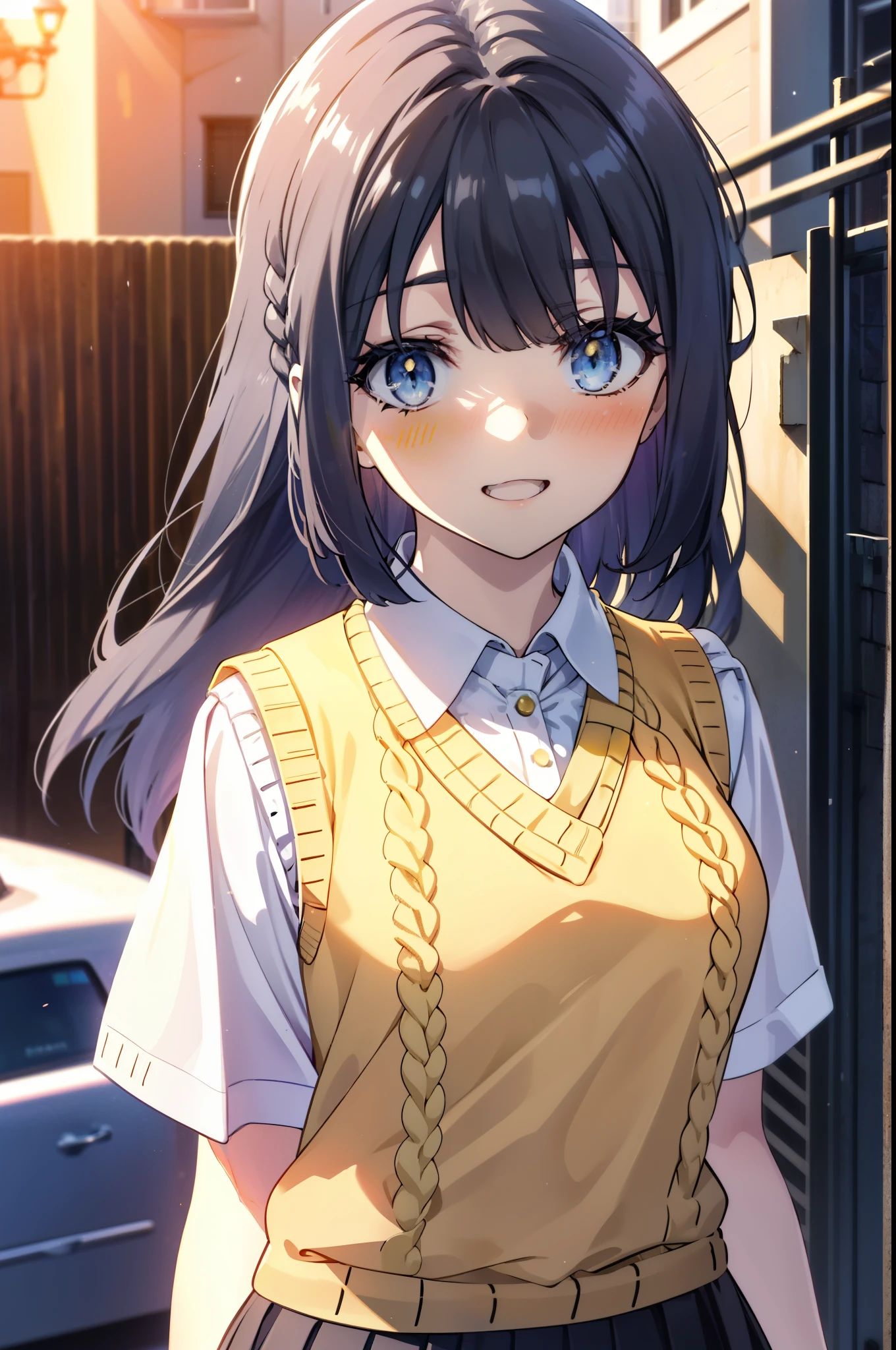 shoukomakinohara, shouko makinohara, Long Hair, blue eyes, Black Hair, Braiding, happy smile, smile, Open your mouth,
break skirt, shirt, , white shirt, Short sleeve, Pleated skirt, collared shirt, White Pantyhose,(Black Skirt:1.5), Brown Loafers,Sweater vest, (yellow Sweater vest:1.5),morning,morning陽,The sun is rising,walk,whole bodyがイラストに入るように,Looking up from below,
break outdoors, city,construction area,
break looking at viewer, whole body,
break (masterpiece:1.2), highest quality, High resolution, unity 8k wallpaper, (shape:0.8), (Beautiful details:1.6), Highly detailed face, Perfect lighting, Extremely detailed CG, (Perfect hands, Perfect Anatomy),