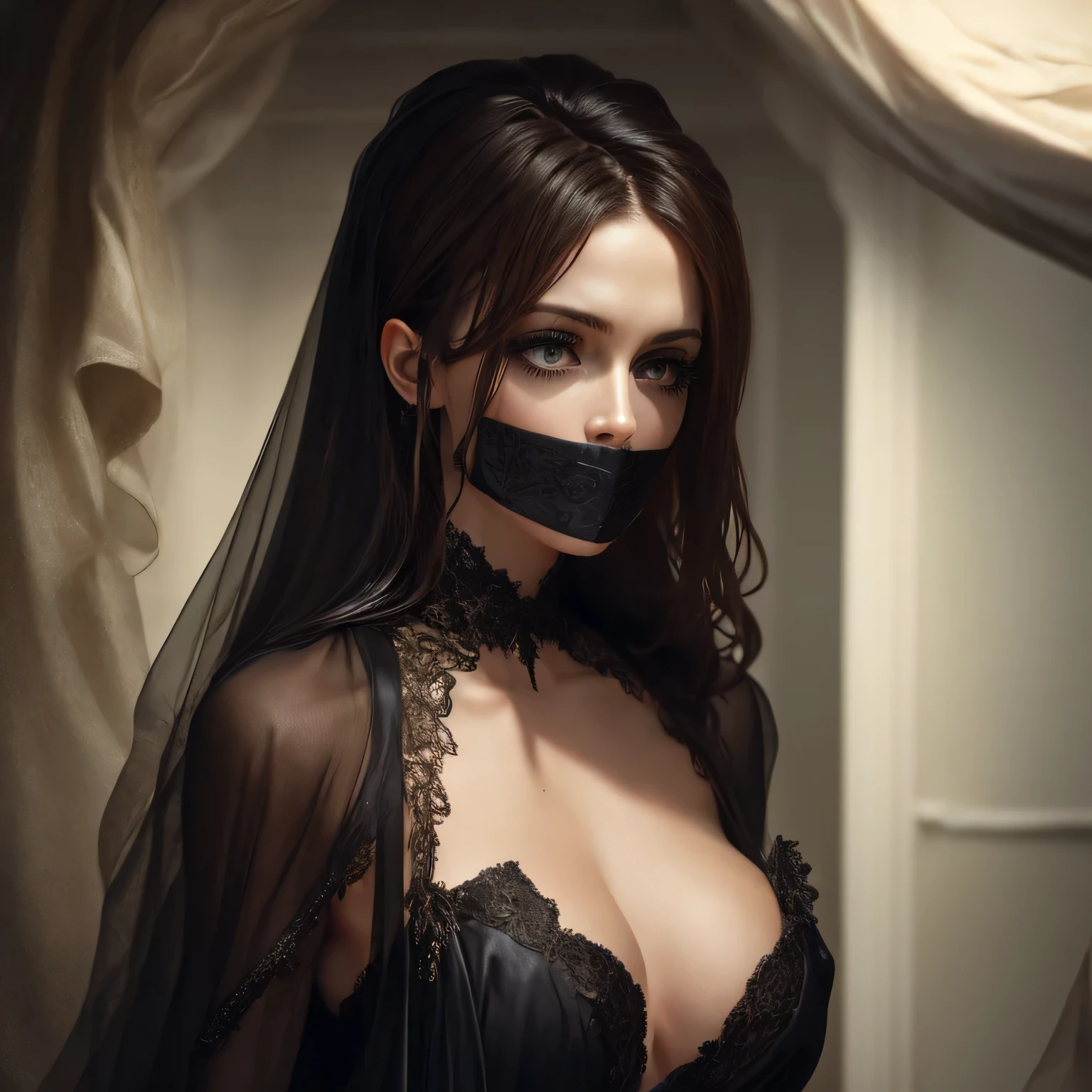 a very beautiful woman in a long silk dress, tied up and gagged, gr33nsilk, in the cell, 1 woman, beautiful detailed eyes, beautiful detailed lips, extremely detailed face, long eyelashes, high quality, 8k, photorealistic, professional, masterpiece, cinematic lighting, dramatic lighting, dramatic colors, chiaroscuro, dark fantasy, moody, gothic