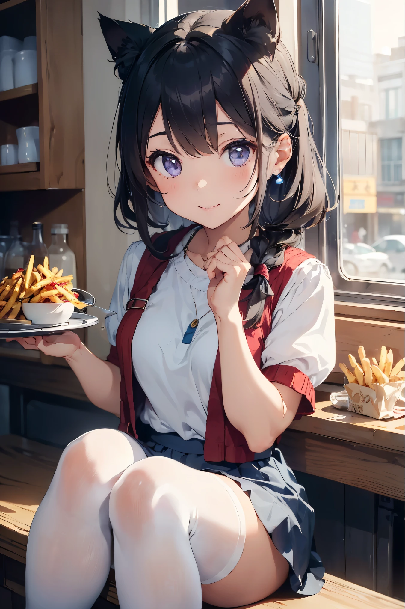 Best Quality,8k,masterpiece:1.3, Japanese anime style,Human Girl,1 person,1 person,Petite, Glamorous Bodies,Curvy, cute,A smiling expression that deliciously plows bread, beautiful bob-cut black hair , beautiful emerald green eyes ,Pastel pink long sleeves Ｔshirt, black miniskirt ,White socks, sitting on a chair facing the table , A plate with lots of bread on it is placed on the table,Holding bread with both hands ,