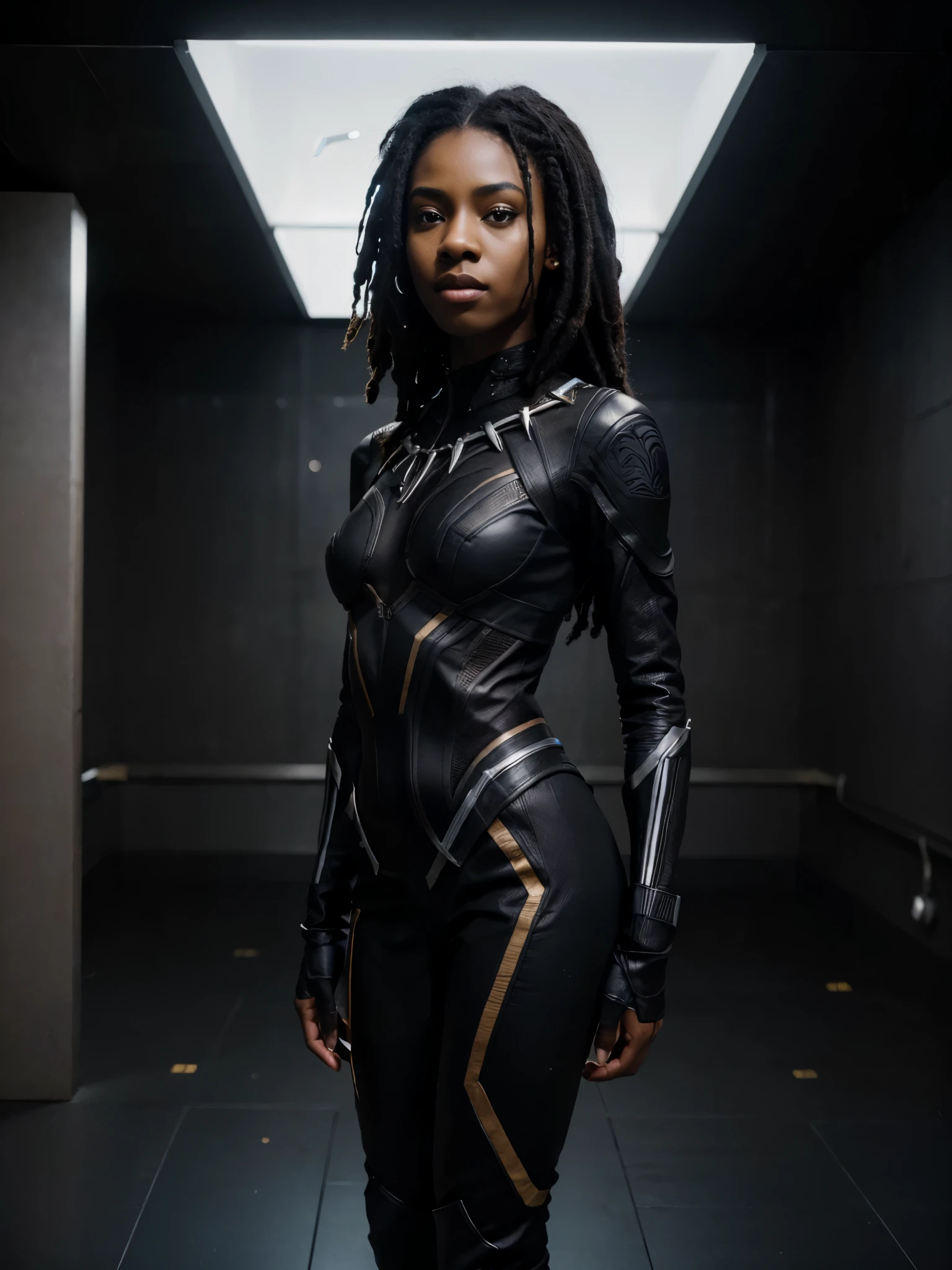 8k, RAW photo, best quality, ultra high resolution, (photorealistic), realistic photo of skinny ebony girl black panther, (black panther ebony girl), marvel, avengers, (skinny ebony girl, 20 years old, most beautiful, ebony girl in the world, slim face, dark skin, black hair, dreadlocks hair, dreadlocks), in the military base, modern interior, bright light, (full body picture), (photo from the side), standing posing for picture, sexy pose, raised hands, wearing black panther suite, ((looking at viewer)), (smirking), action scene, (extremely detailed CG unity 8k wallpaper), Sharp focus, (bright light)