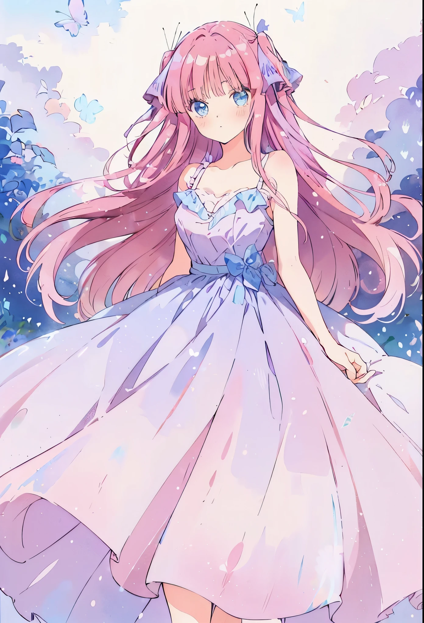 Pastel illustration, lilac theme, nini nakano, standing 3/4, looking at viewer, soft standing pose, cowboy shot, wearing a lilac dress, blue eyes, long pink hair, hair ribbons, butterfly hair ribbons, nakano_nink, simple lilac dress, higher quality, soft vivid colours, , lovely, splendid, delicacy, 4k, extremely detailed, sparkling eyes, perfect face, soft smile, sweet face, lovely, watercolor paiting, Ultra Detail, , soft pastel colours, pastel, aesthetic, beautiful girl, gradient lilac ballgown, minimal lilac themed background, watercolor illustration, disney art style, standing, looking at viewer, beautiful, masterpiece, best qualityr, blue eyes