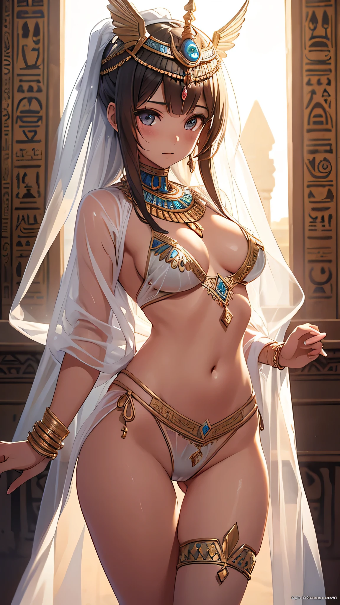 All realistic intricate details, MahabharataPunkAI, ((see-through, clearswimsuit)), nsfw, tan skin, beautiful, Egypt style, egypt girl, cute, 1 girl view, random ange shot)"