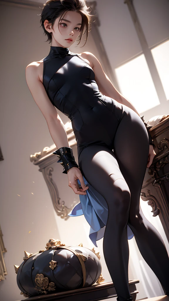A boy having long legs, thick thighs, large hips, thin and narrow weist, big large feminine breasts, very small spikey boyish haircut, wearing sleeveless tight dress and leggings. Man, man