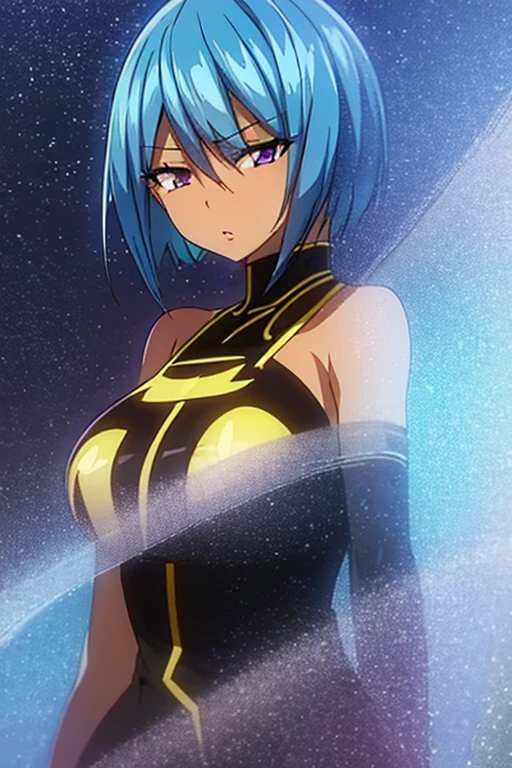 A beautiful black woman with light blue hair, shiny/glossy lips, black girl, African American, girl, tired eyes, uninterested eyes, shy, shy-looking, mysterious, cool, and deep purple eyes, and style of fairy tail, cel shading, anime screen cap, unique hairstyle, shy,