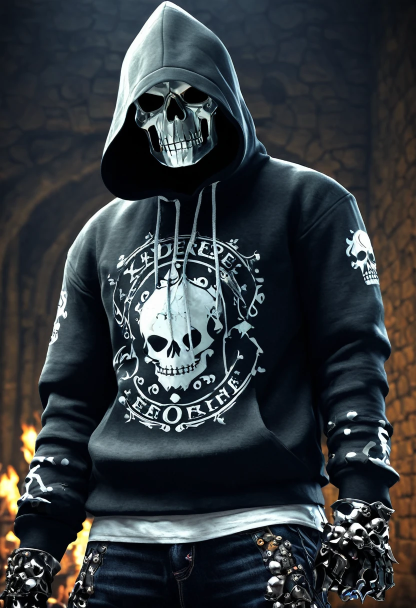 a man in a hoodie playing Xadrez with skulls, Xadrez, Xadrez game, knight Xadrez, !!playing Xadrez!!, Xadrez tournament, 8k altamente detalhado ❤🔥 🔥 💀 🤖 🚀, playing Xadrez, o rei da morte, Rei esqueleto, strategy game, Fantasia sombria medieval, cavaleiro esqueleto, Xadrez knight, arte da capa do jogo de tabuleiro, cavaleiro assustador, threatening. irreal 5