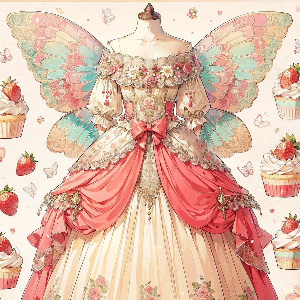 (Exquisite, beautiful, Very detailed, masterpiece, high quality,High resolution), (Full design illustration of a beautiful fairy in an antique dress in pastel and vibrant colors on a background of strawberry shortcakes drawn with soft, thin lines and decorated with pale colors,Pixiv-inspired anime illustration,Illustrations that go viral among Japanese people on Twitter), A cream-colored dress with a draped red peplum attached symmetrically to the bottom of the corset, and beautiful butterfly-like fairy wings growing from the back, reminiscent of a shortcake.,A long princess dress with a strawberry and whipped cream motif on one side of the chest, a bow and strawberry decoration on the skirt, a fluffy pink pannier underneath, and a flower-shaped skirt.,Beautiful, clear fairy wings growing from her back,A cute princess dress inspired by shortcake,
