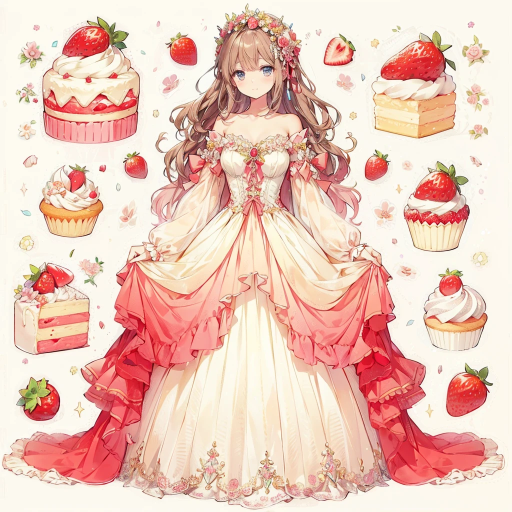 (Exquisite, beautiful, Very detailed, masterpiece, high quality,High resolution), (Full design illustration of a beautiful fairy in an antique dress in pastel and vibrant colors on a background of strawberry shortcakes drawn with soft, thin lines and decorated with pale colors,Pixiv-inspired anime illustration,Illustrations that go viral among Japanese people on Twitter), A cream-colored dress with a draped red peplum attached symmetrically to the bottom of the corset, and beautiful butterfly-like fairy wings growing from the back, reminiscent of a shortcake.,A long princess dress with a strawberry and whipped cream motif on one side of the chest, a bow and strawberry decoration on the skirt, a fluffy pink pannier underneath, and a flower-shaped skirt.,Beautiful, clear fairy wings growing from her back,A cute princess dress inspired by shortcake,