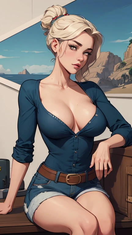 Character style Cartoon style digital illustration GTA style female style beautiful breasts symmetrical medium breasts Fiona with war marks Cartoon image of a woman .Ilustra??o estilo desenho animado, estilo de arte dos desenhos animados, estilo de arte dos desenhos animados, digital illustration style, estilo atompunk design de personagens altamente detalhado, arte digital detalhada coragem, Forest fan art, Design de personagens de retrato, beautiful digital illustration, retrato de alta qualidade, Arte em quadrinhos, mulher jovem cabelo com transas lindas . Eyelined eyes Medium large bust and wonderful sexy clothes. image expression of sexual desire from waist to head illustration Queen Anne of Arendelle atompunk style Fallout 4 style pose playboy magazine a close-up of a woman sitting with a dragon cartoon of a woman .illustration style cartoon style digital illustration GTA style(((Obra de arte))), HD 4k resolution image, sem desfoque, Ann Takamaki, inocente, ar livre, vestindo moletom e shorts grandes
