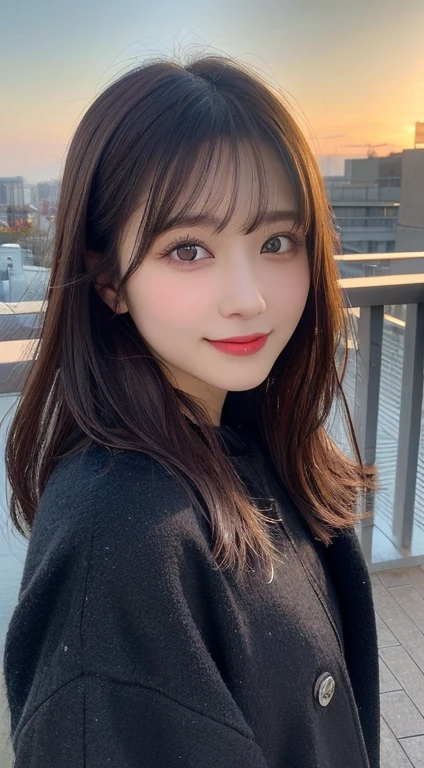 table top, highest quality, shape, Super detailed, finely, High resolution, 8k wallpaper, Perfect dynamic composition, beautiful and detailed eyes, Gorgeous black fluffy Tokyo winter clothes,Random cute hair,,natural color lip, bold sexy pose,smile、20 year old girl、cute、sexy shot looking at camera,Always blur the background,perfect and beautiful face,Take only the face,Beautiful and dense face、slim face and style,Big eyes、Do gal makeup,small face,wear spring outerwear、shot from below、sunset、smile、photographing the sky