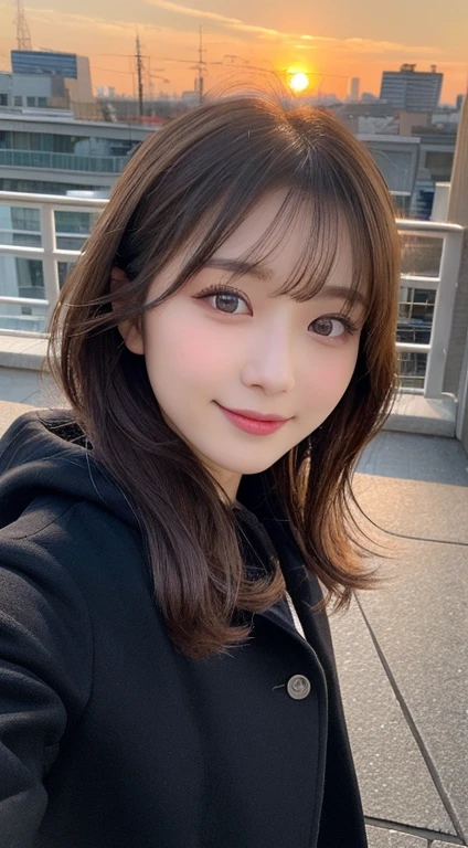 table top, highest quality, shape, Super detailed, finely, High resolution, 8k wallpaper, Perfect dynamic composition, beautiful and detailed eyes, Gorgeous black fluffy Tokyo winter clothes,Random cute hair,,natural color lip, bold sexy pose,smile、20 year old girl、cute、sexy shot looking at camera,Always blur the background,perfect and beautiful face,Take only the face,Beautiful and dense face、slim face and style,Big eyes、Do gal makeup,small face,wear spring outerwear、shot from below、sunset、smile、photographing the sky