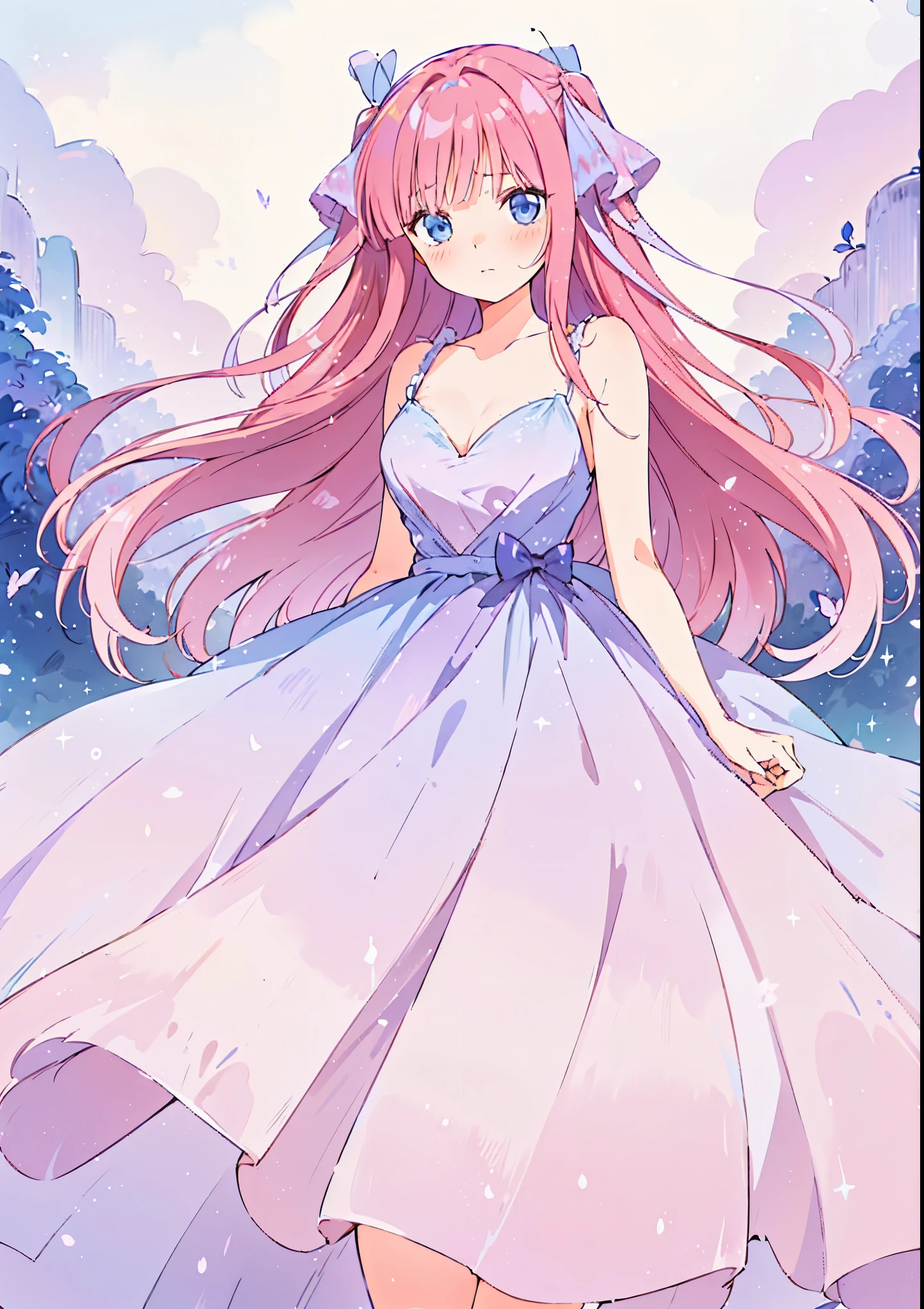 Pastel illustration, lilac theme, nini nakano, standing 3/4, looking at viewer, soft standing pose, cowboy shot, wearing a lilac dress, blue eyes, long pink hair, hair ribbons, butterfly hair ribbons, nakano_nink, simple lilac dress, higher quality, soft vivid colours, , lovely, splendid, delicacy, 4k, extremely detailed, sparkling eyes, perfect face, soft smile, sweet face, lovely, watercolor paiting, Ultra Detail, , soft pastel colours, pastel, aesthetic, beautiful girl, gradient lilac ballgown, minimal lilac themed background, watercolor illustration, disney art style, standing, looking at viewer, beautiful, masterpiece, best qualityr, blue eyes