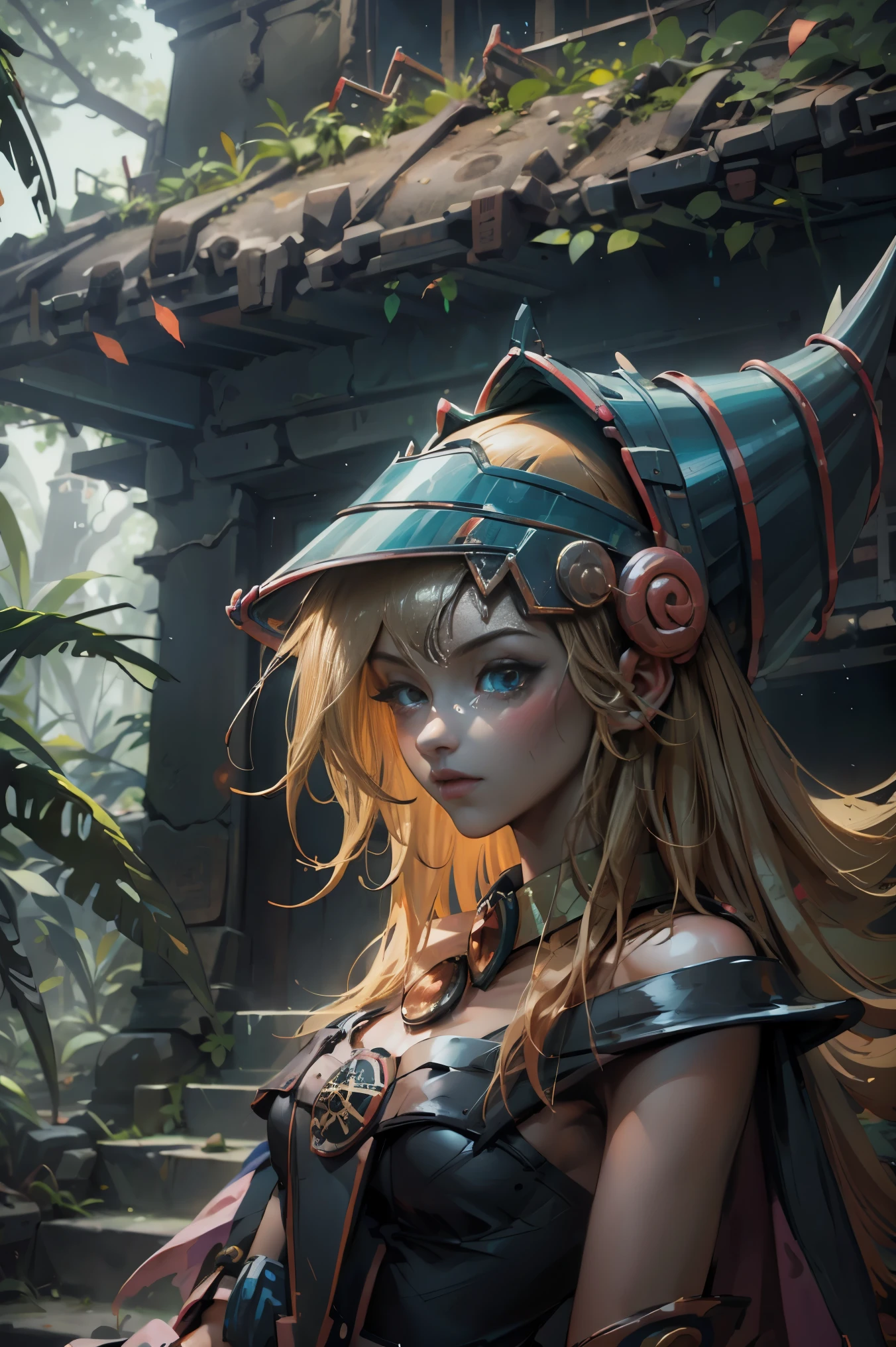 Hermosa dark magician gils en la selva. Rodeadas de ruinas MAYAS. Ella tiene cabello rubio y largo. Ojos azules. Labios rojos. It is in the middle of the Mayan ruins in the jungle. Pose sexy 