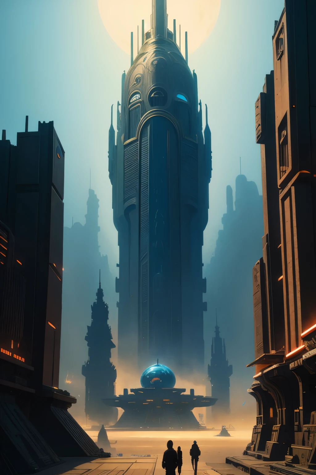 there is a painting of a futuristic city with a giant robot head, jodorowsky's dune, insanely detailed matte painting, peter gric and dan mumford, intricate matte painting, jodorowsky's dune movie, style of john harris, jean giraud 8 k, hyperdetailed matte painting, intricate environments, stunning sci-fi concept art, cgsociety )