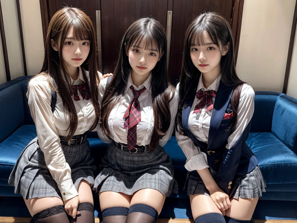 (8K, Raw photography, top-quality, masterpiece:1.2), master piece, best quality, illustration, Super detailed, fine details, High resolution, 8K,wall paper, perfect dynamic composition,(Details High quality, realistic depiction of eyes:1.3), ((2 girls, 2 schoolgirls)), The background is a luxury hotel room、High school girl uniform、blazer 、Super Short Check Uniform Skirt、Navy blue high socks、garterbelts、Colossal tits、Disturbed uniform, Play with each other,Touching each other's bodies,Touching the body of the girl next door, short bob hair, black hair color, huge breasts, Big Natural Color Lip, bold sexy pose, (perfect body shape), crying a little、cold gaze, Beautiful makeup,glitter makeup,Cutest 18 years old, beautiful legs, hposing Gravure Idol, Voluptuous thighs