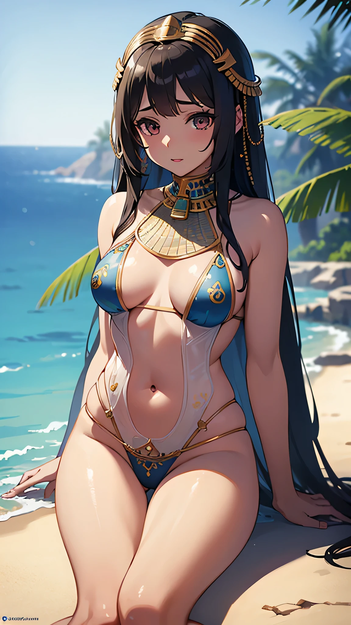 All realistic intricate details, MahabharataPunkAI, ((see-through, clearswimsuit)), nsfw +18, tan skin, beautiful, Egypt style, egypt girl, cute, 1 girl view, random ange shot)"