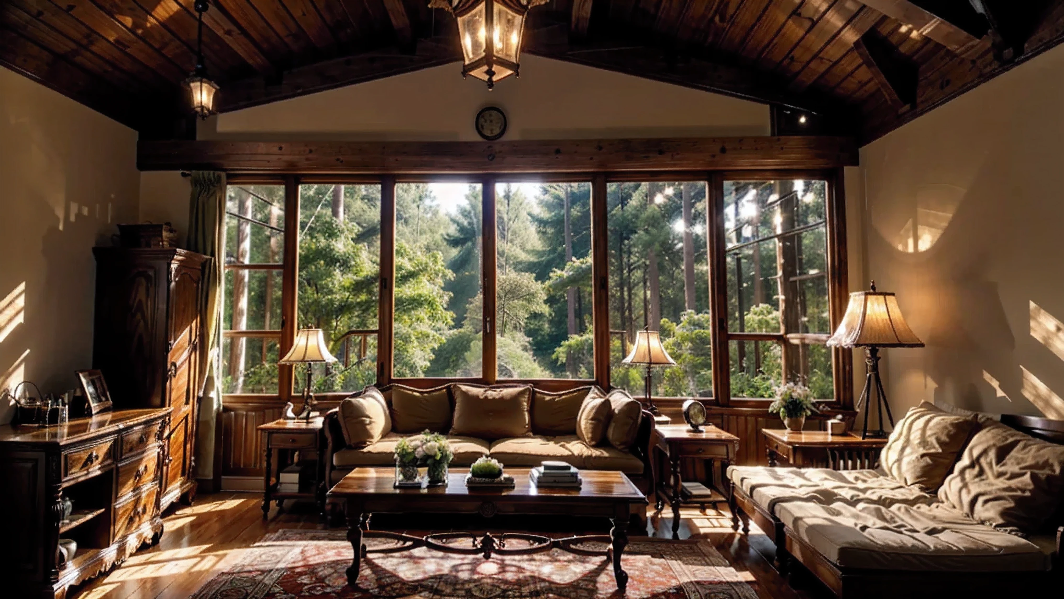 f5.6, background scene of the interior of a house with beautiful wooden furniture, wooden windows overlooking a beautiful forest with trees and a lawn, (wooden cabinet, wooden table, pictures, lamps, comfortable beds)