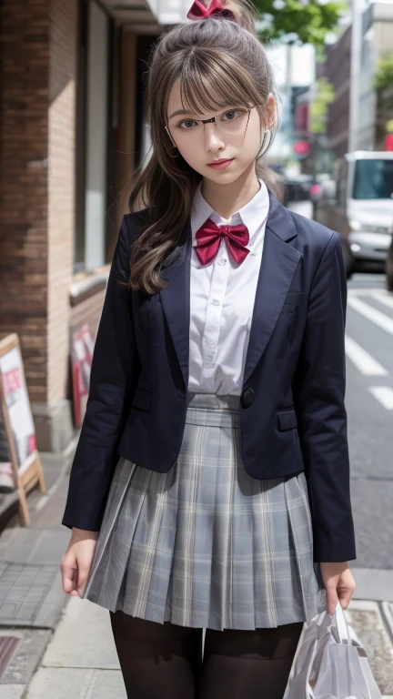 (8K、Photographgraphy、highest quality、masterpiece:1.2),show、black pantyhose,absurd,small face,chest is open、Part the front hair from the center、I can see the forehead,(Tight eye,strong,skinny,skinny,I get irritated)、masterpiece,highest quality、超A high resolution,Photograph,only,beautiful feces,one person, one person,Glasses,,dark look,whole body,Round glasses、cute、japanese woman,Are standing,(Tight eye,strong,skinny、(Photoreal:1.37)、photon mapping,light blue ribbon,realistic、cutesmall face,Brown eye、black socks、(red bow tie)、radio city、Physics-based only dulling、prospect、written boundary depth、blurred background、photograph,girl、body, long legs, thin legs,ponytail,(I can see the front hair), hair, lips, green_eye, soft nose,white lingerie, Navy blue and white plaid pleated skirt, I can see your knees,thin clothes,, thigh, black cotton socks,Nogizaka Idol, , Japanese ID card、big breasts、Please expose your chest