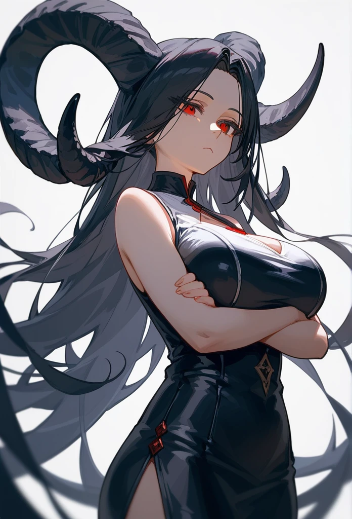 Score_9, Score_8_up, Score_7_up, 1 girl, woman, long hair, black hair, parted bangs, dark red eyes, big breasts, expressionless, sleeveless tob and V-neck, wearing long black tight skirt, squinted eyes, closed mouth, standing, arms crossed, side view, thighs, bottom view, upper body, masterpiece, best quality, white background, long parted bangs, with horns and long ears