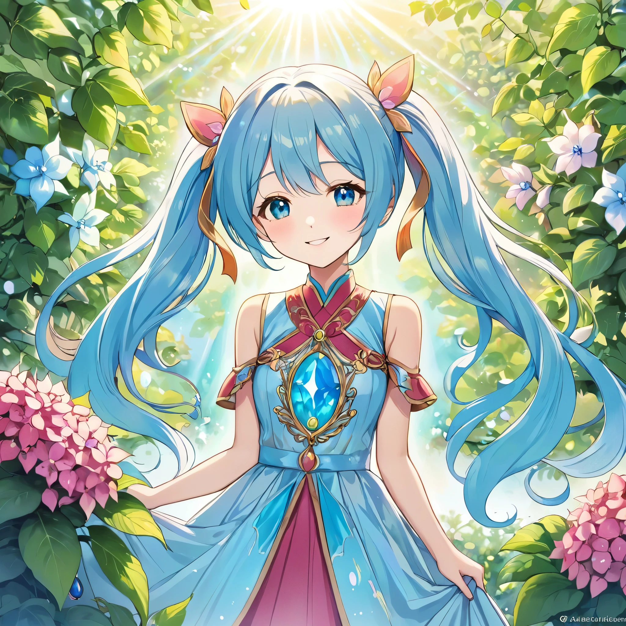 Girl in the Garden,Light blue long hair、Twin tails ,Adorable smile、Pink Dress、Red and blue hydrangea flowers,pastel colour,highest quality,Mediate:dream-like,Calm,Surreal,Fantasy,fine grain,Sophisticated dress,Lush greenery,Infinite steppe,Soft sunlight,magic,peaceful,Whimsical,elegant,,bright,Holographic Flowers,romantic,dream-like,attractive,Golden vine,Calm顔,Long eyelashes,Dancing Tree,quiet,Carbonated water,Crystal clear reflections,Celestial,attractive,Harmony,Natural Beauty,magic森.The girl is in the center.、Upper Body View、Face close-up、Face Highlights