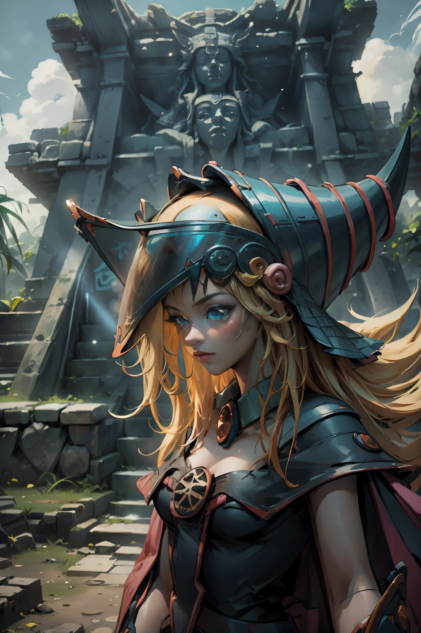 Hermosa dark magician gils. ella esta en la jungla maya. En medio de las ruinas mayas de Tikal.