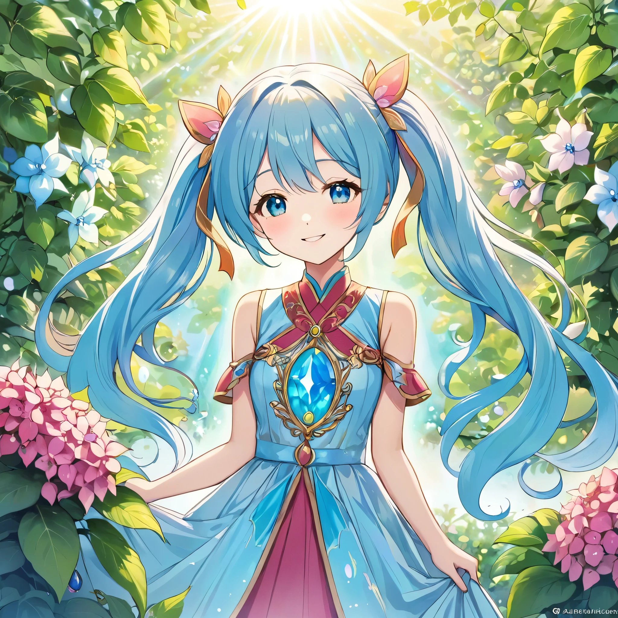 Girl in the Garden,Light blue long hair、Twin tails ,Adorable smile、Pink Dress、Red and blue hydrangea flowers,pastel colour,highest quality,Mediate:dream-like,Calm,Surreal,Fantasy,fine grain,Sophisticated dress,Lush greenery,Infinite steppe,Soft sunlight,magic,peaceful,Whimsical,elegant,,bright,Holographic Flowers,romantic,dream-like,attractive,Golden vine,Calm顔,Long eyelashes,Dancing Tree,quiet,Carbonated water,Crystal clear reflections,Celestial,attractive,Harmony,Natural Beauty,magic森.The girl is in the center.、Upper Body View、Face close-up、Face Highlights