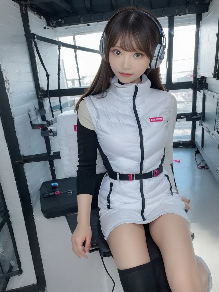 masterpiece, highest quality, Very detailed, 8K Portrait,japanese android girl,Plump , Control panel,Robotic arms and legs, Blunt bangs,,BREAK (metallic gray, metallic luster, mirror finish, astrovest):5,headphone:5,BREAK (black sleeves):100,smartwatch,futuristic space station,control room,BREAK headphone,blue eyes,(black hair):2,(long hair):1.3,look at viewer,(Respirator),BREAK blush:3,hidden hands,smile