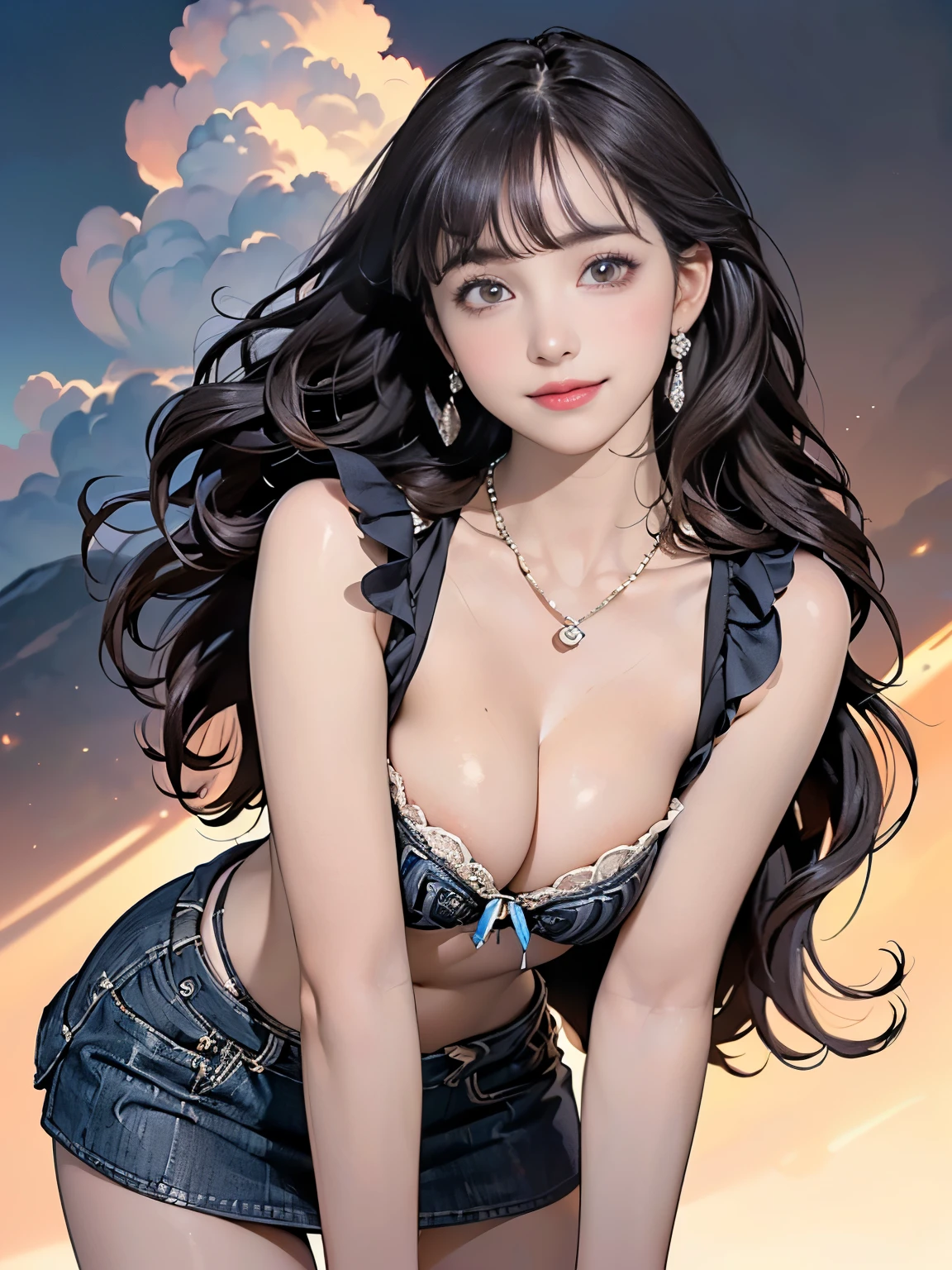 ((((highest quality))))、(((Ultra-precision CG16K wallpaper)))、(((masterpiece)))、(((Super detailed)))、(((Extreme detail)))、((1Mature 29 year old woman:1.6))、((Very beautiful Japanese faces))、((Zuo々Nozomi:1.5))、((Soft wavy medium long hair、blunt bangs:1.5))、(Shiny brown hair)、Beautiful delicate eyes、Brown Eyes、eyeliner、Eyeshadow、High nose、Small nostrils、Small Mouth、Seductive lips、Beautiful breasts、((C cup size breasts))、Cleavage、Beautiful feet、eight-headed body、Perfect proportions、Perfect Anatomy、Perfect composition、Beautiful detailed shading、Beautiful, natural lighting、Beautiful detail glow、Depth of written boundary、(((High chroma)))、(((Real:1.9)))、((vivid:1.5))、((Beautiful Skin))、((Skin Texture))、((Realな皮膚感))、(((Cowboy Shot:1.6)))、((front view、shoot from front、Front low angle:1.6))、(((smile:1.4)))、((The woman is looking at this、looking at viewer、Facing forward:1.6))、Bright daylight、Natural light、(((background_Ranch、null、cloud:1.5)))、(Standing pose:1.6)、(((Cowgirl style、Wearing a miniskirt:1.6)))、((necklace、Wearing earrings:1.3))、