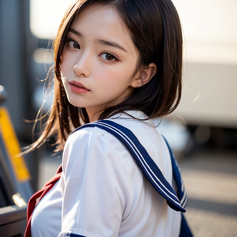 (masutepiece, Best Quality:1.2), 8K, Official art, Raw photo, Full Bord Bill Four、Uniform torn、I see underwear、skinny、14years、、unbelievable Ridiculous, (Upper body, Uniforms、a sailor suit:1.4), Beautiful Girl, Pretty Face, arching back down,、Gold hair ornament on hair、close up, Sailor Suit, Short sleeve, violaceaess, Teen, Looking at Viewer, Film grain, chromatic abberation, Sharp Focus, face lights, Dynamic lighting, Cinematic lighting, Eyes and faces with detailed, Bokeh background,