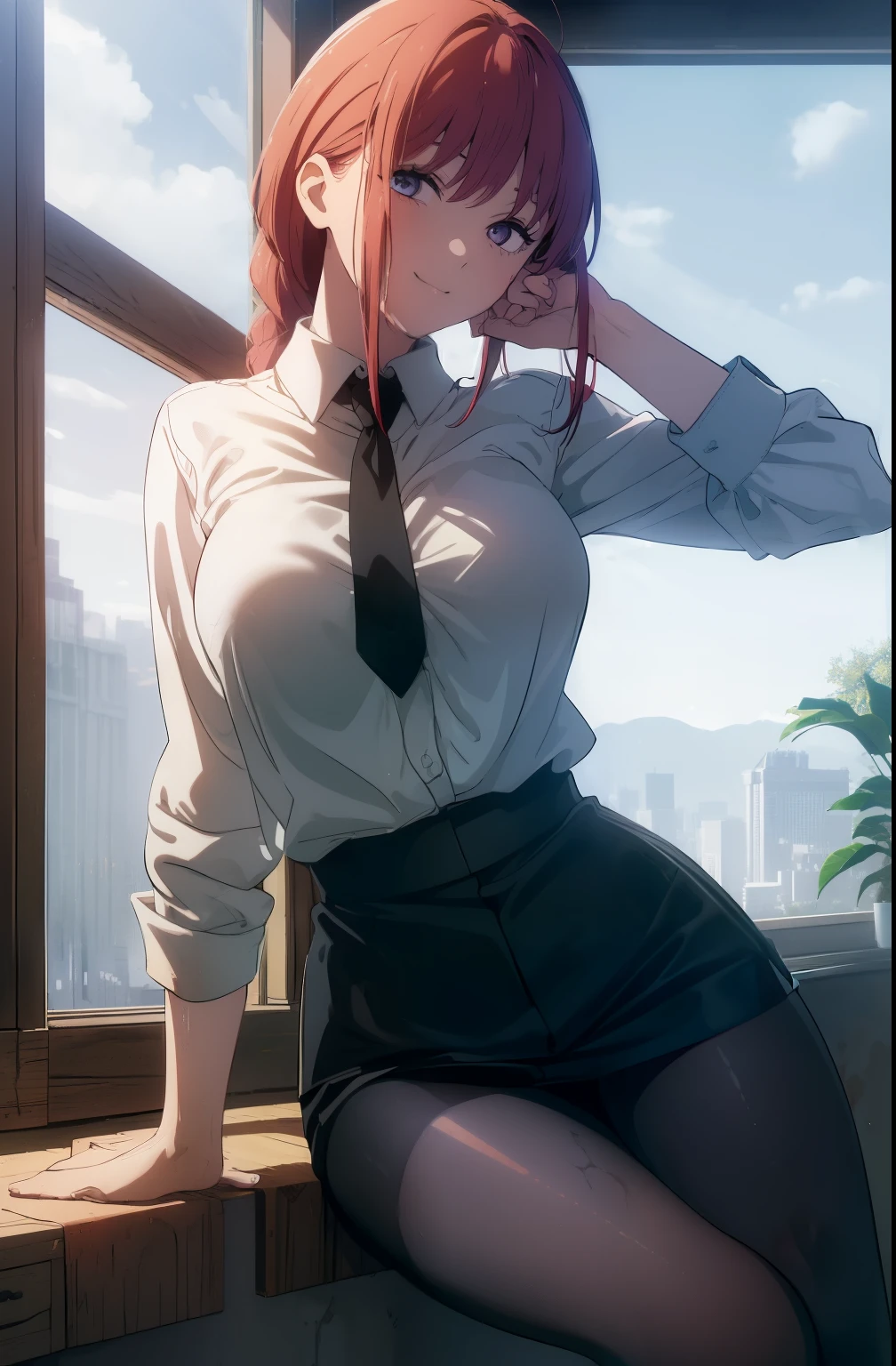 ((((Obra maestra, La mejor calidad, ultrahigh resolution)))), perfect anatomy, a woman with bred hair sitting on a window ledge naked and bent over, 1girl, solo, makima (chainsaw man), breasts, pantyhose, shirt, looking at viewer, red hair, sitting, open clothes, collared shirt, open shirt, smile, braided ponytail