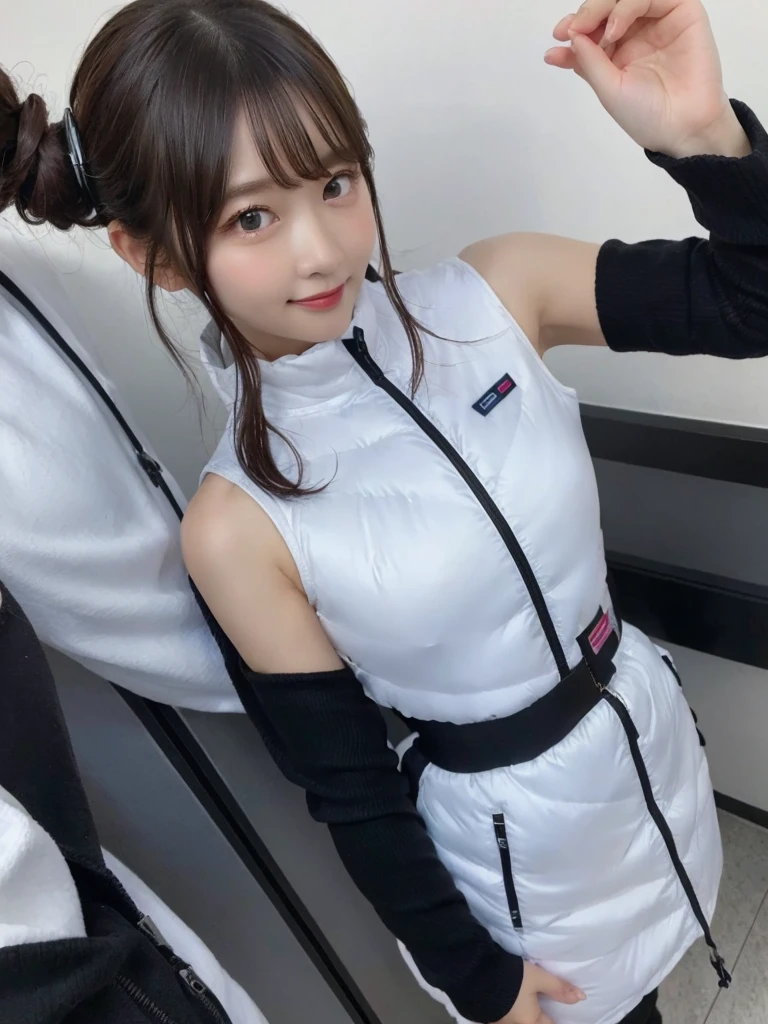 An innocent 20-year-old girl、((White tank top, Dramatic Pose)),smile,BREAK (Spacecraft control room background):2,、BREAK RAW Photos, (8k、highest quality、masterpiece:1.2)、(Intricate details:1.4)、(Photorealistic:1.4)、Octane Rendering、Complex 3D rendering with ultra-detail, Studio Soft Light, Rim Light, Vivid details, Super Detail, Realistic skin texture, Detailed aspect, Beautiful details in the eyes, Highly detailed CG Unity 16k wallpaper, compensate, (Detailed Background:1.2), Glowing Skin, whole body、(astrovest):2,(black long sleeves):5,headphone,smartwatch,((Standing with hands behind back、Leaning forward、Angle from above))